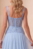 Vestido formal largo azul celeste de lentejuelas corte en A