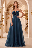 Vestido formal largo de organza de terciopelo sin tirantes azul marino A-Line