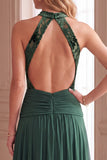 Vestido formal largo de terciopelo alto de línea A verde