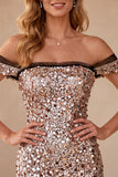 Sirena caqui con hombros descubiertos, lentejuelas, vestido largo de gala