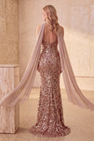 Vestido formal largo sin tirantes de sirena con lentejuelas caqui y fajilla de gasa drapeada