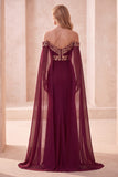Sirena burdeos con capa de hombros descubiertos Vestido largo de gala con lentejuelas