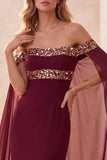 Sirena burdeos con capa de hombros descubiertos Vestido largo de gala con lentejuelas