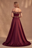 Vestido formal largo de satén en línea A burdeos con lentejuelas