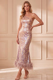 Vestido formal midi de sirena malva con lentejuelas de un hombro y plumas