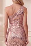 Vestido formal midi de sirena malva con lentejuelas de un hombro y plumas