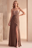 Vestido formal maxi de chiffon color café de corte en A con tirantes