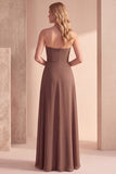 Vestido formal maxi de chiffon color café de corte en A con tirantes