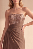 Vestido formal maxi de chiffon color café de corte en A con tirantes