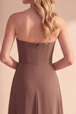 Vestido formal maxi de chiffon color café de corte en A con tirantes