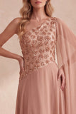 Vestido formal largo de gasa corte en A con cuentas y diseño de un solo hombro
