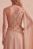 Vestido formal largo de gasa corte en A con cuentas y diseño de un solo hombro