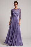 Vestido largo para madre de la novia morado de corte en A con escote barco y bordado
