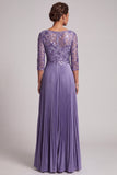 Vestido largo para madre de la novia morado de corte en A con escote barco y bordado