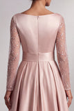 Vestido maxi para madre de la novia en color rosa empolvado con lentejuelas mangas largas y escote en V