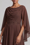 Vestido largo para madre de la novia color café con capucha y corte en A