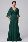 Vestido largo para madre de la novia verde oscuro de corte en A con escote en V mangas largas y cuentas