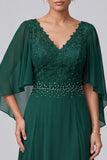 Vestido largo para madre de la novia verde oscuro de corte en A con escote en V mangas largas y cuentas