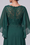 Vestido largo para madre de la novia verde oscuro de corte en A con escote en V mangas largas y cuentas