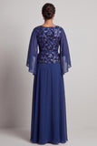 Vestido largo de chiffon estampado azul marino para madre de la novia de corte en A con mangas aleteadas