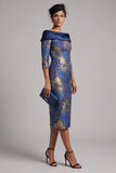 Vestido para madre de la novia azul real con estampado de corte recto con hombros descubiertos y mangas 3/4