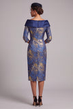 Vestido para madre de la novia azul real con estampado de corte recto con hombros descubiertos y mangas 3/4