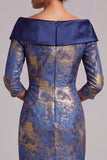 Vestido para madre de la novia azul real con estampado de corte recto con hombros descubiertos y mangas 3/4