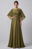 Vestido largo para madre de la novia con mangas largas cuello barco corte en A y color verde oliva