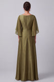 Vestido largo para madre de la novia con mangas largas cuello barco corte en A y color verde oliva
