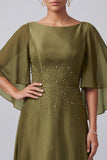 Vestido largo para madre de la novia con mangas largas cuello barco corte en A y color verde oliva