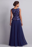 Vestido largo para madre de la novia azul marino con escote barco y corte en A