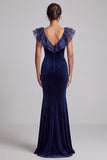 Vestido largo de terciopelo azul oscuro para madre de la novia con escote en V y volantes