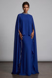 Vestido de madre de la novia azul oscuro con capa de gasa, cuello alto y cuentas