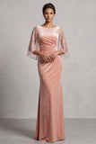 Vestido formal largo de terciopelo con corte sirena, cuello barco y lentejuelas