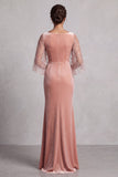Vestido formal largo de terciopelo con corte sirena, cuello barco y lentejuelas