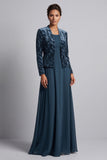Vestido largo de madre de la novia azul pavo real de terciopelo, de dos piezas, con corte en A y chaqueta bolero