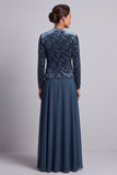 Vestido largo de madre de la novia azul pavo real de terciopelo, de dos piezas, con corte en A y chaqueta bolero