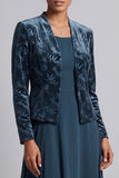 Vestido largo de madre de la novia azul pavo real de terciopelo, de dos piezas, con corte en A y chaqueta bolero