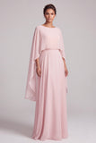 Vestido largo rosa de madre de la novia de gasa con corte en A, capa de gasa, escote barco y detalles de cuentas