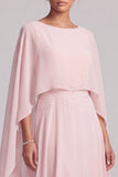 Vestido largo rosa de madre de la novia de gasa con corte en A, capa de gasa, escote barco y detalles de cuentas