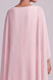 Vestido largo rosa de madre de la novia de gasa con corte en A, capa de gasa, escote barco y detalles de cuentas