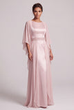 Vestido largo rosa de madre de la novia de gasa con escote redondo y mangas capa