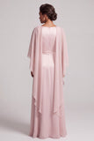 Vestido largo rosa de madre de la novia de gasa con escote redondo y mangas capa