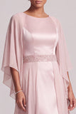 Vestido largo rosa de madre de la novia de gasa con escote redondo y mangas capa