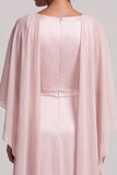 Vestido largo rosa de madre de la novia de gasa con escote redondo y mangas capa