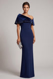 Vestido formal largo de terciopelo azul oscuro asimétrico con pedrería