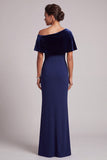 Vestido formal largo de terciopelo azul oscuro asimétrico con pedrería