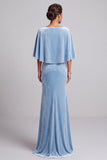 Vestido formal largo de terciopelo azul claro con corte sirena, capa y flor 3D