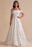 Vestido de novia largo blanco con lentejuelas bordadas, corte en A y escote de hombros descubiertos