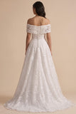 Vestido de novia largo blanco con lentejuelas bordadas, corte en A y escote de hombros descubiertos